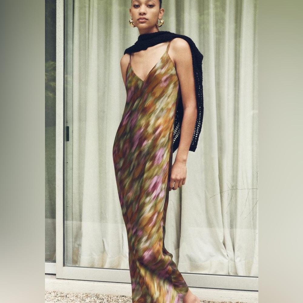 Zara Olive Green Multicolor Slip Maxi Dress